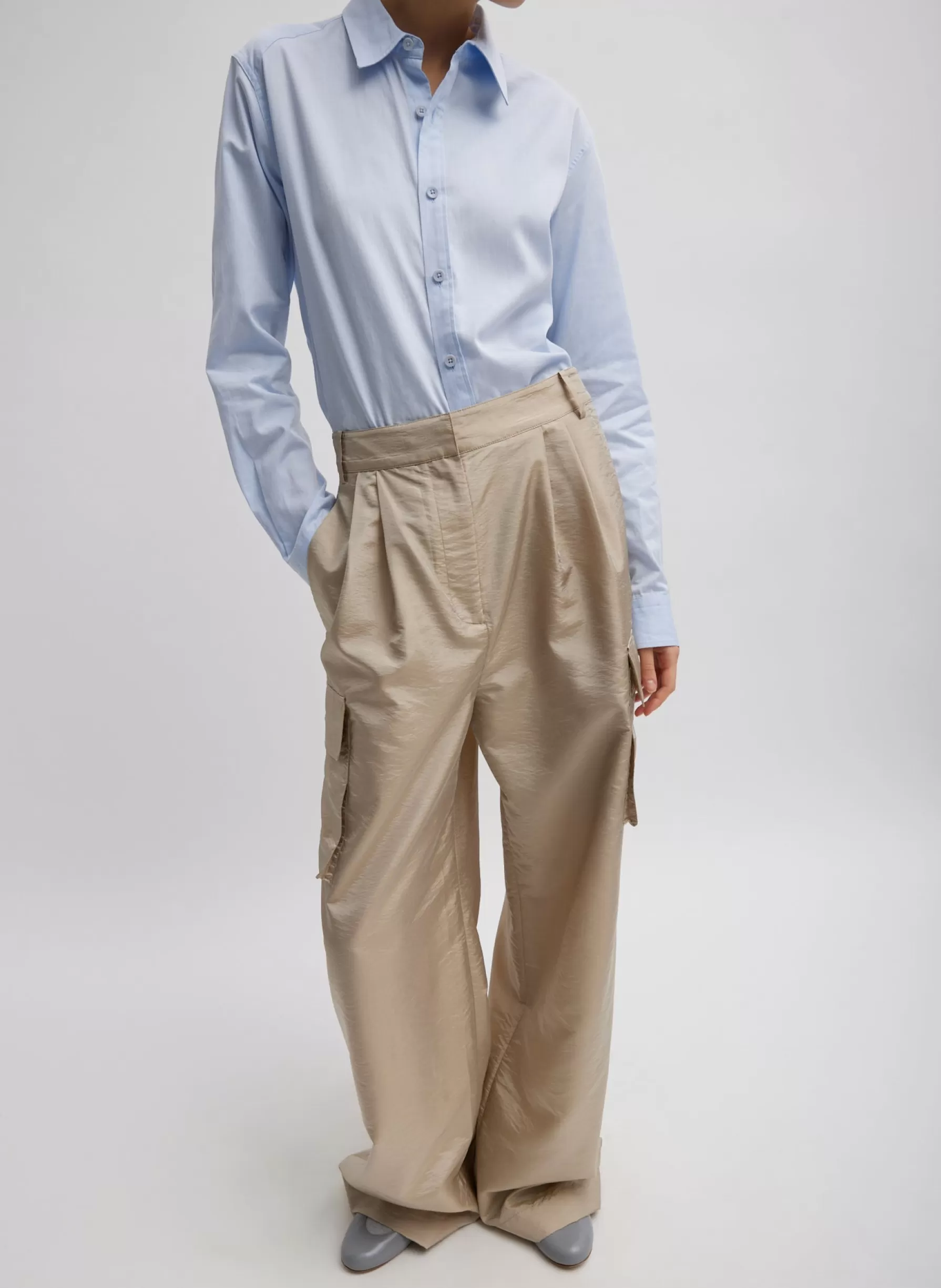 Tibi Stella Crispy Nylon Pleated Cargo Pant Desert Sand Outlet